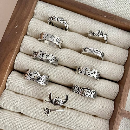 Cartoon gingerbread man 925 silver jewelry does not fade niche cat and dog personality ins Korean version open Xiaoxin sterling silver ring