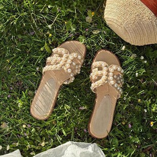In Stock~Yu Shuxin's Same Style 2025 New French Straw Woven Half Slippers Pearl Shell Sandals for Women's Summer Outer Wear