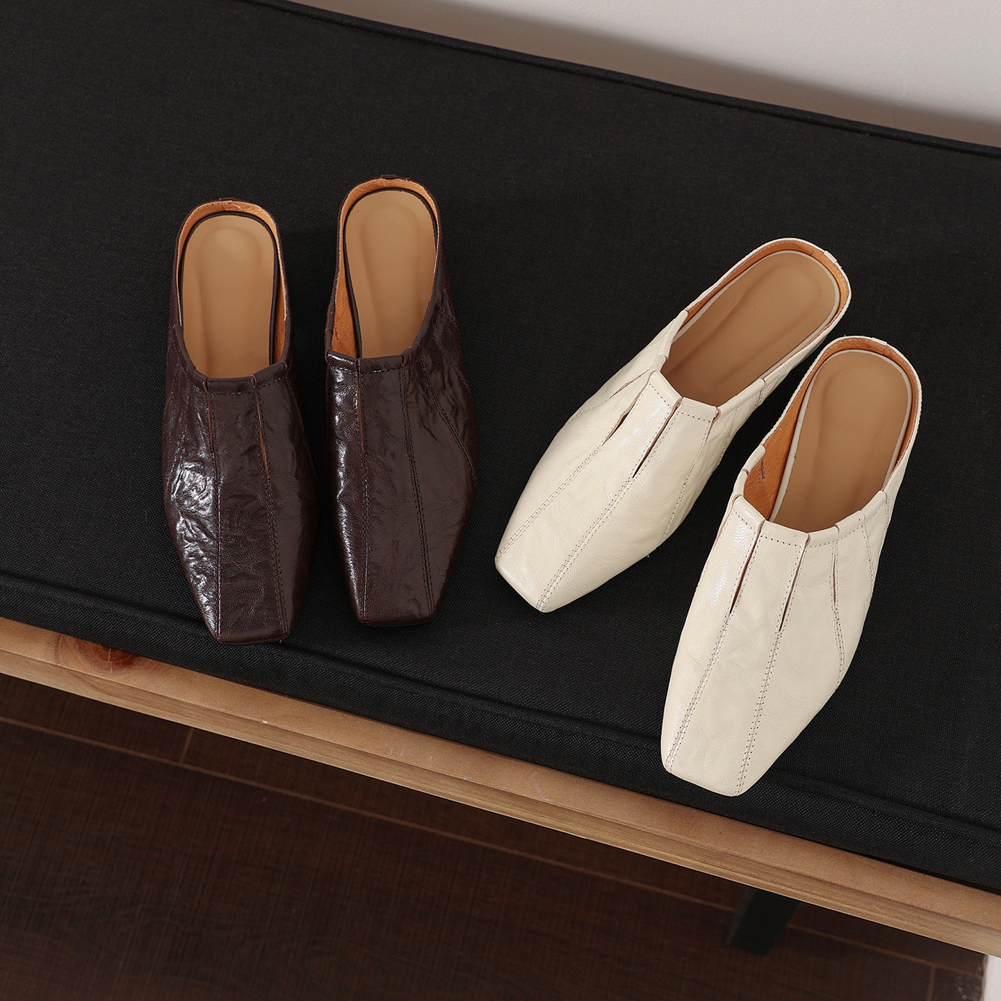Sandal hở mũi nữ gót thấp 2,5 cm da cừu mũi trùm — màu nâu