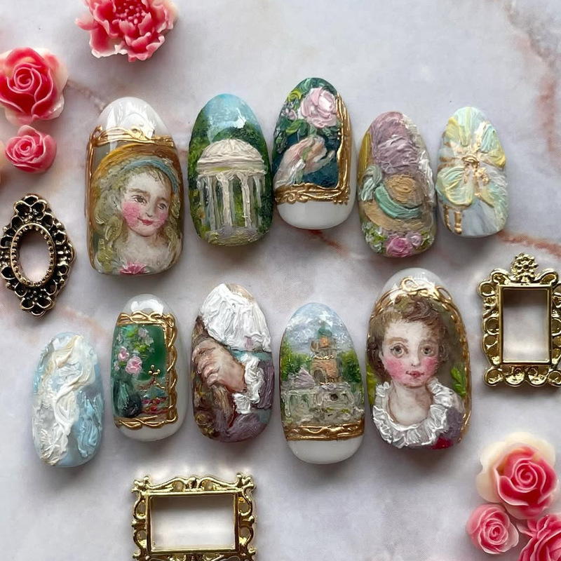 Wm-343 Eden Angel False Nails Almond Cross-Border Classical Fairy Tale Retro Oil Painting 24 Pieces Wearable Nails Wholesale