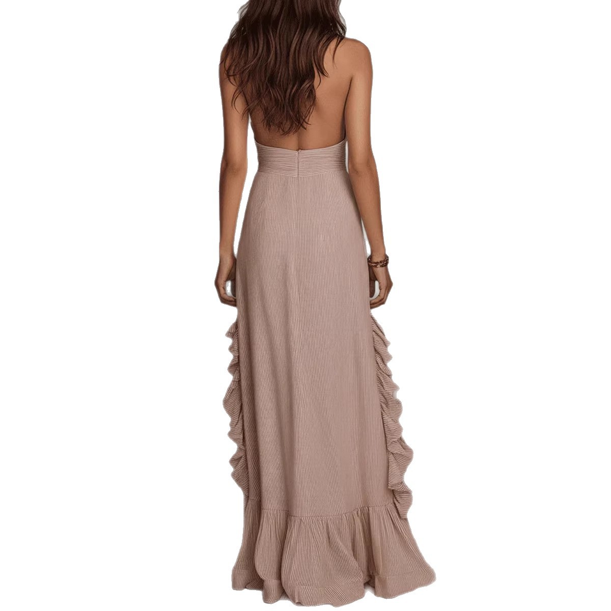 2026 European And American Independent Site Cross-Border Vacation Bohemian Striped Ruffe Backess Dress New_ecoleips.com