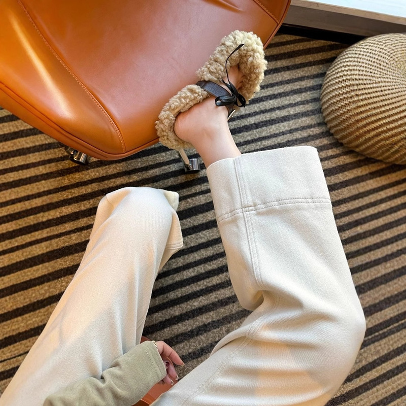 creamy-white Nine-point Straight Fashionable Leather Brand Design Sense Jeans Women's Autumn and Winter New High Waist Slimming Pants