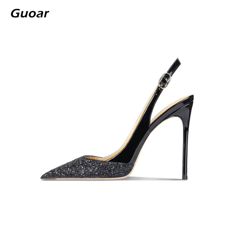 Guoar2024 Pointed Toe Sequin Patent Leather Splicing Back Hollow 12cm Export Large Size 35-44 Women's High Heel Sandals