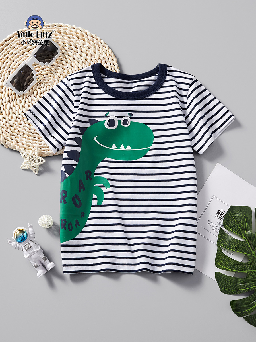 Children's Clothing Black and White Stripesd Short-Sleeved 2025 Kidsren's Casual T-Shirt Boys Dinosaur Pattern Versatile Half-Sleeved Factory Wholesale