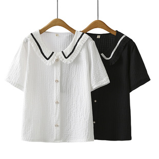 Fat m Shirt Jacquard Short-Sleeved Small Fragrance 2025 Summer Large Size Cardigan Women's Doll Collar Black and White Contrast Shirt 852