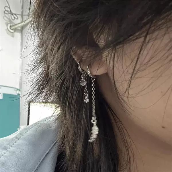 2025 New Super Fairy Wings Asymmetrical Double Ear Hole Stacked Earrings Ear Bone Ring Women's Tassel Pendant Ear Buckle Earrings