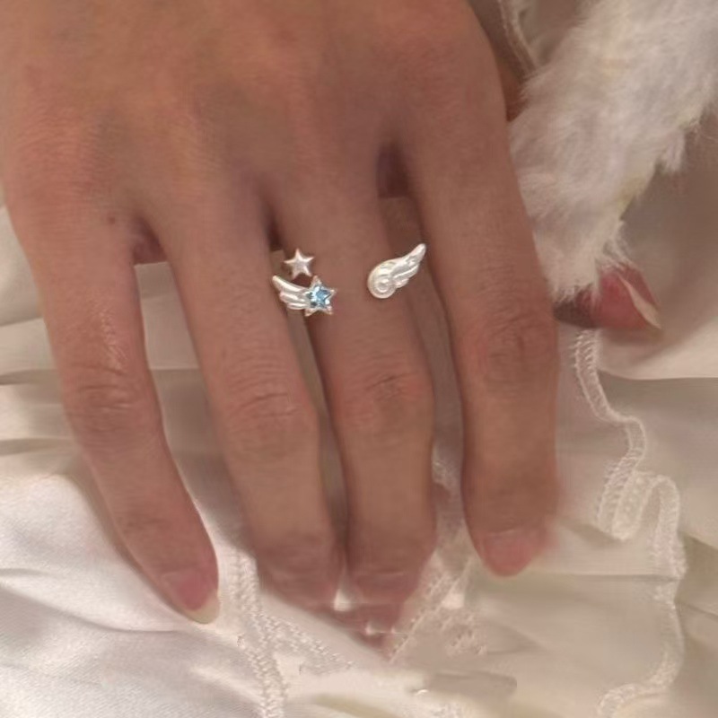 White Angel Star Wings Women, Niche Design, Sweet Cool Girl, Cute Adjustable Open Ring For Index Finger_voghion.com