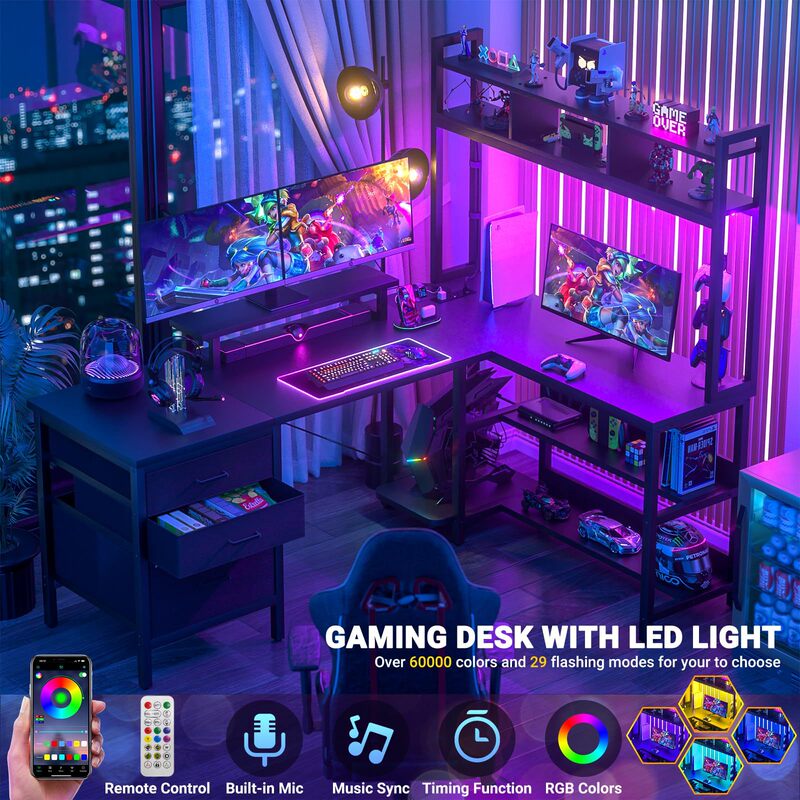 L-Shaped Desk with Bookshelf, Lighted Power Strip, Gaming Desk, Reversible Computer Desk, File Drawer, Storage Cabinet, Monitor Stand