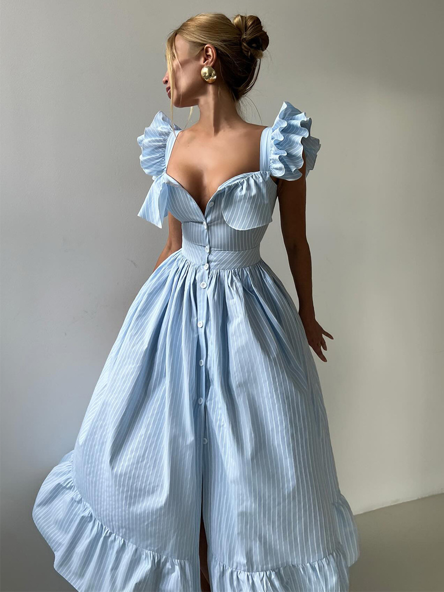 Women's Clothing Striped Dress Button Down Cardigan Waist Cinching Long Dress Summer New Style Flutter Sleeve_ecoleips.com