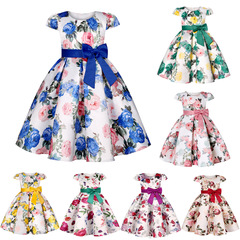 2024 Cross-border Girls' Dress Children's Princess Dress Retro Print Formal Dress Festival Host Child Dress Best Selling