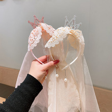 女童甜美生日发箍公主宝宝皇冠头纱发饰超仙女童珍珠流苏蕾丝发卡