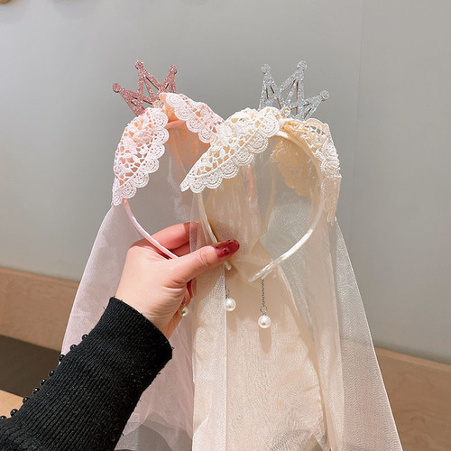 Girls' Sweet Birthday Hairband Princess Baby Crown Veil Hair Accessory Super Fairy Girl Pearl Tassel Lace Hairpin