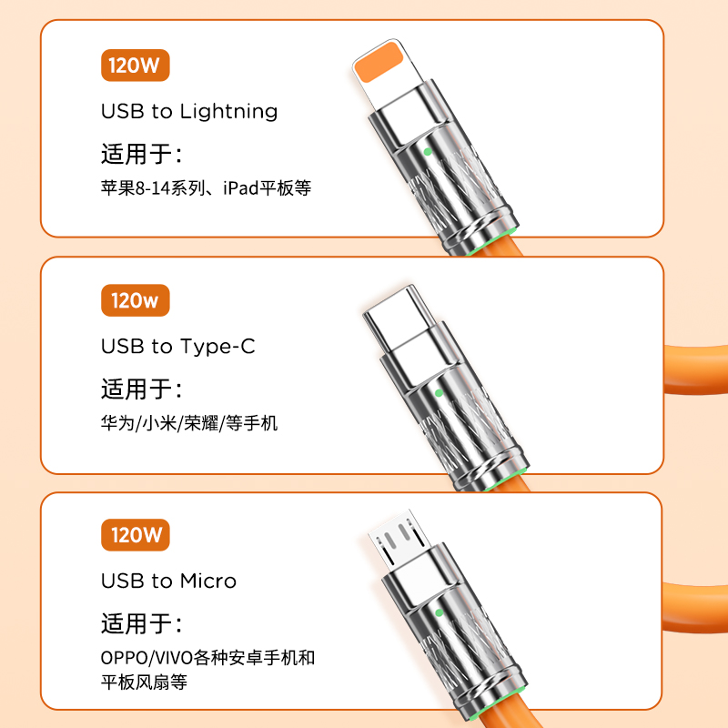 Cable de datos de carga súper rápido 120W tres en uno para Apple Huawei tpyec que carga el cable del cliente de Xiaomi Android