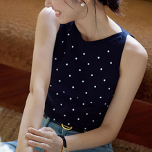 Morirose藏青色/米白色波点背心吊带女夏季法式复古无袖外穿上衣