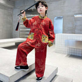 中国风儿童演出服红色龙纹套装男童盘扣街舞国潮表演服中式两件套