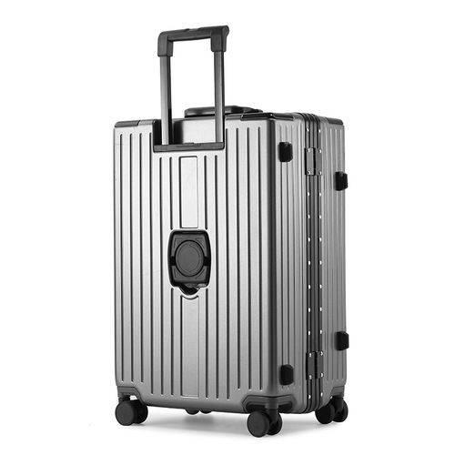 New front opening multi-functional travel suitcase with aluminum frame pull handle, USB charging port, foldable cup holder, and carry-on approved.