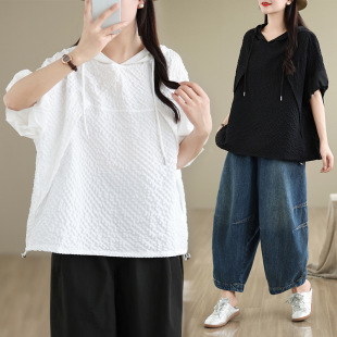 Real Shot of Summer New Pure Color Hooded Short-Sleeved T-Shirt Hem Drawstring Textured Korean Style Women's Top