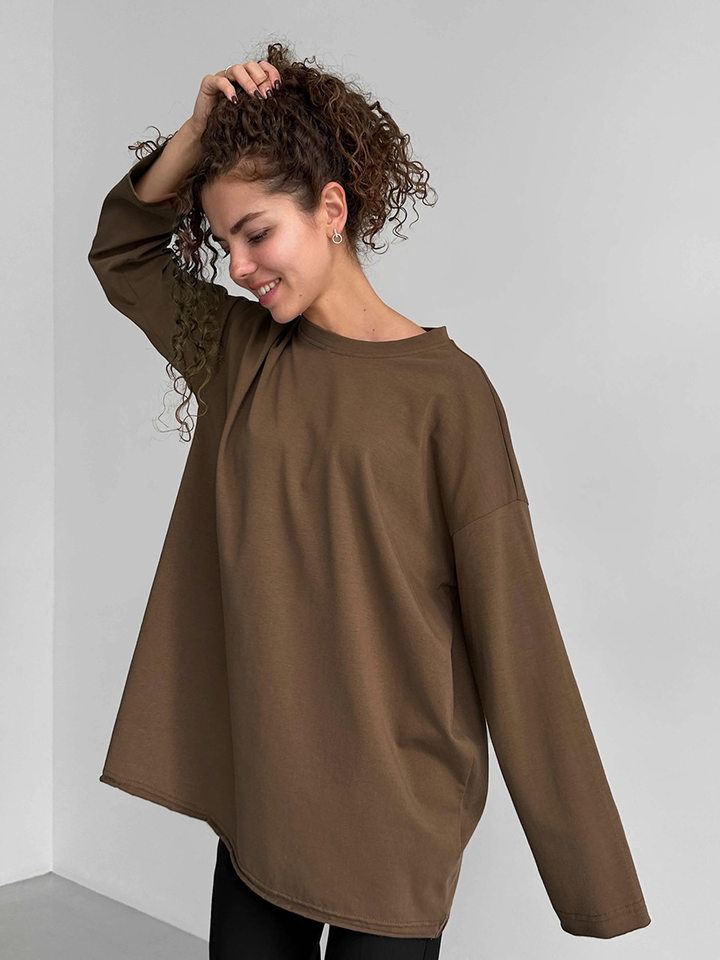 Áo thun nữ cotton 100% cổ tròn tay dài form rộng màu trơn — Màu cà phê, Màu hồng, Màu mơ, Màu trắng chi tiết 20