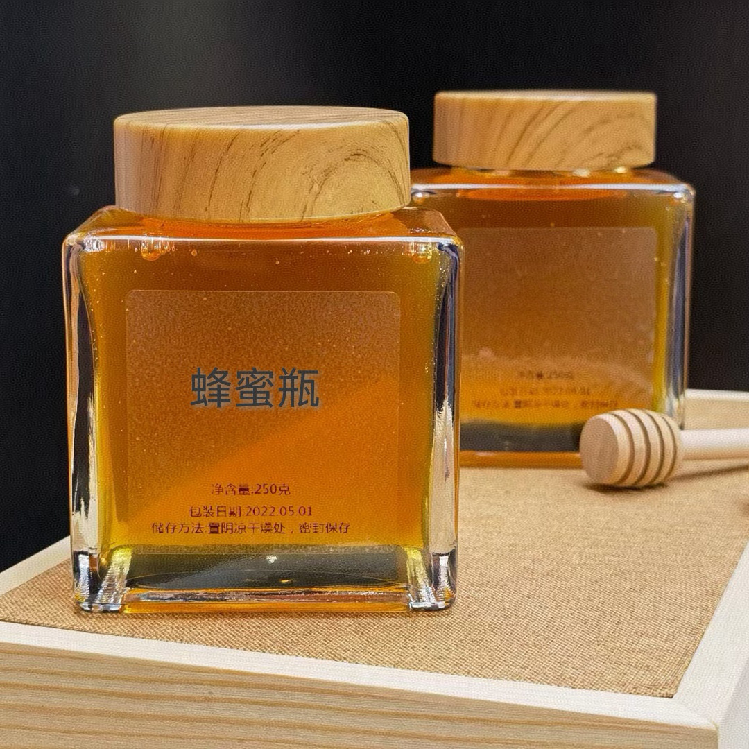 批发1斤2斤高档蜂蜜瓶加厚玻璃瓶木纹盖果酱膏滋包装瓶食品级透明
