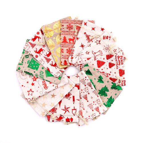 Hot stamping printed gifts can be filled with apple Christmas bag, drawstring cotton linen Christmas Eve Christmas candy bag