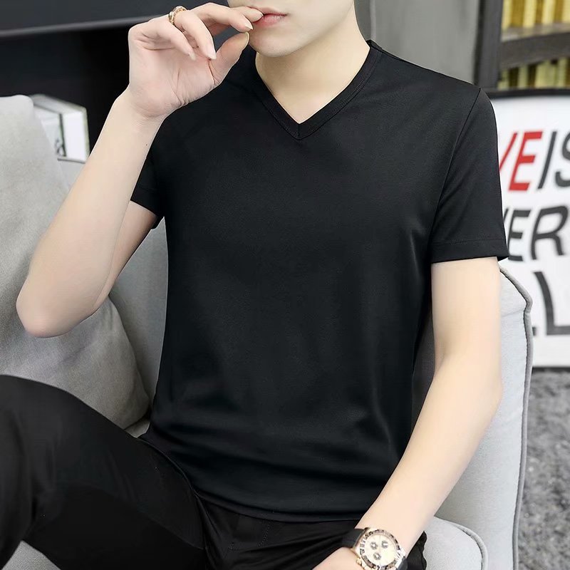 Camiseta de manga corta para hombre con cuello en V verano estilo coreano SLIM-Fit camisa blanca de fondo camiseta de media manga de cuello de pollo versátil para hombre