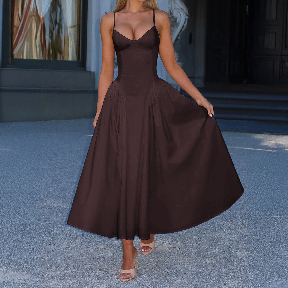 Women's Elegant Strappy Maxi Solid Color Dress