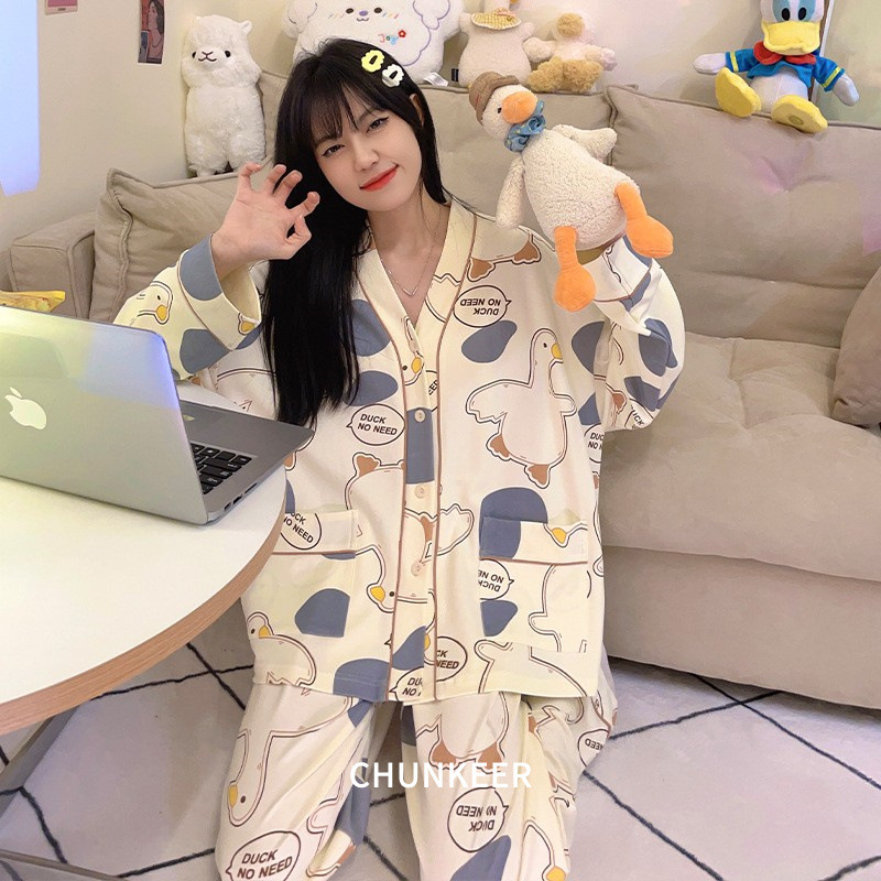 잠옷 여성의 봄과 가을 새로운 면 긴 소매 옷깃 얇은 달콤한 사랑 소녀는 외부 가정 옷을 입을 수 세트