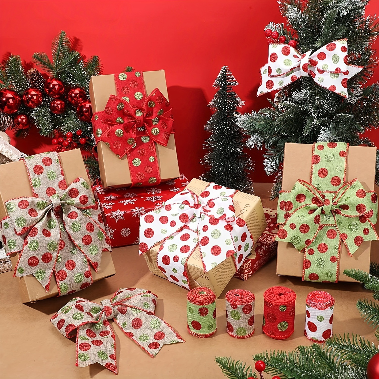 Fita de bolinhas de Natal DIY Embalagem artesanal Laço Fita de presente Decoração de Natal Suprimentos_voghion.com