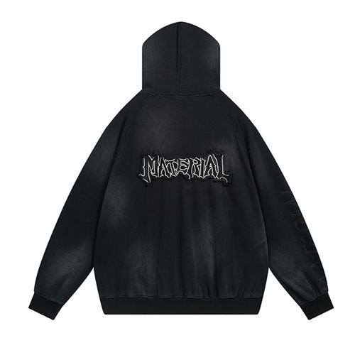 American-style unisex post-apocalyptic distressed-dye heavyweight hoodie jacket set for men, featuring patchwork embroidery and a hood.