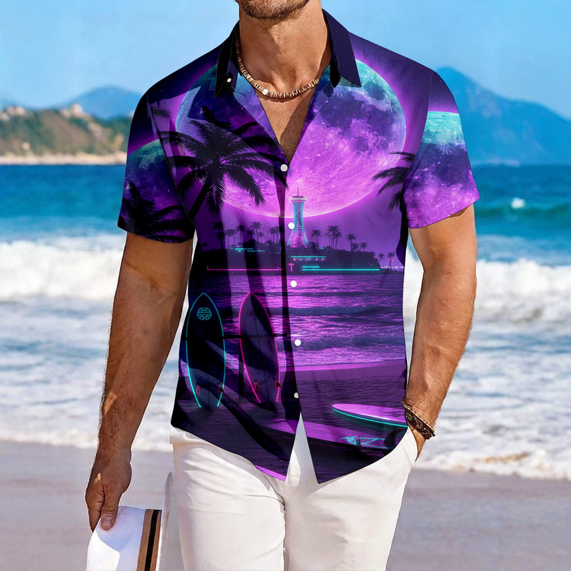 Men's Lapel Short Sleeve Shirt Purple Cyber Seascape Print Polyester Breathable Vacation Casual Men's Lapel Short Sleeve Shirt Purple Cyber Seascape Print Polyester Breathable Vacation Casual
