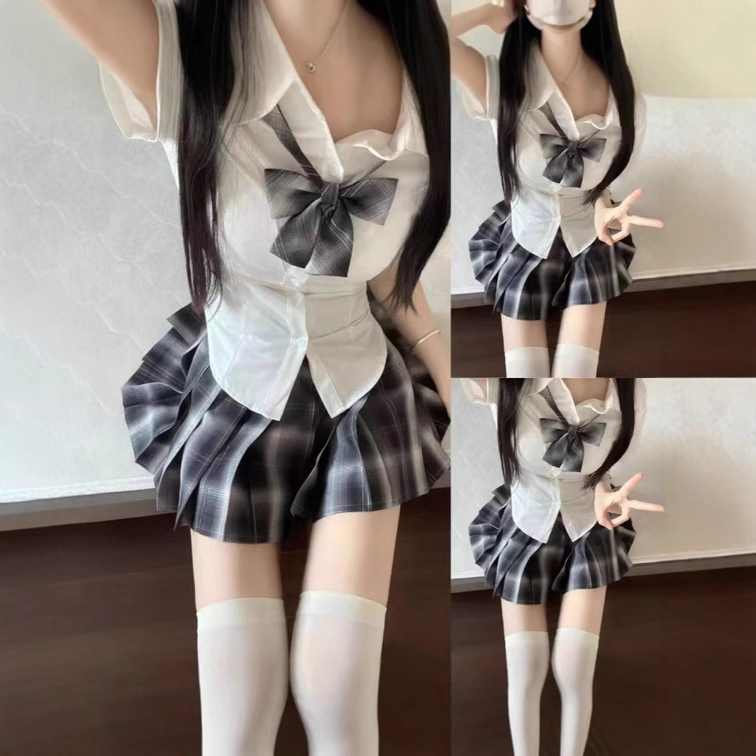 jk三件套原创正品白色短袖收腰显瘦衬衫校园纯欲格裙领结制服套装