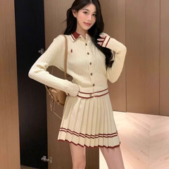 学院风套装两件套针织衫开衫女装polo领春季麻花时尚百褶裙毛衣裙