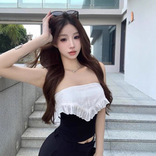 欧美风女装2025夏季新款时尚法式纯欲风蕾丝花边黑白拼色抹胸背心