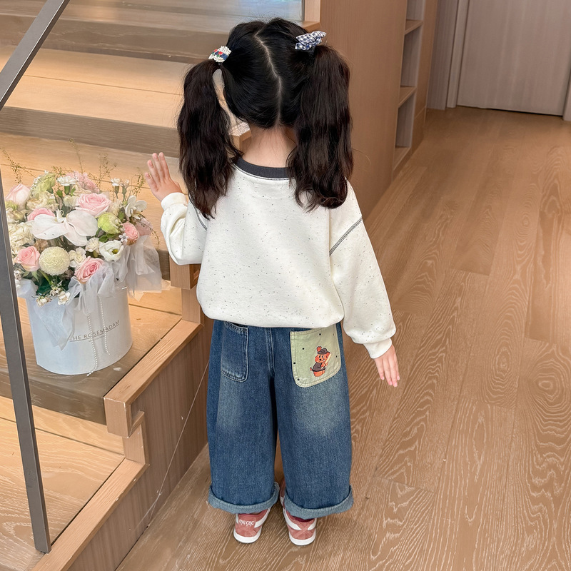 女童卡通口袋牛仔老爹裤春秋款2025新款儿童韩版时尚小女孩长裤潮|undefined