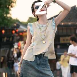 好看的轻国风短款旗袍改良女装2025新款夏年轻少女小飞袖撞色上衣