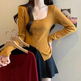 韩版方领长袖针织衫春秋冬季新款设计感内搭打底衫纯色上衣女装潮