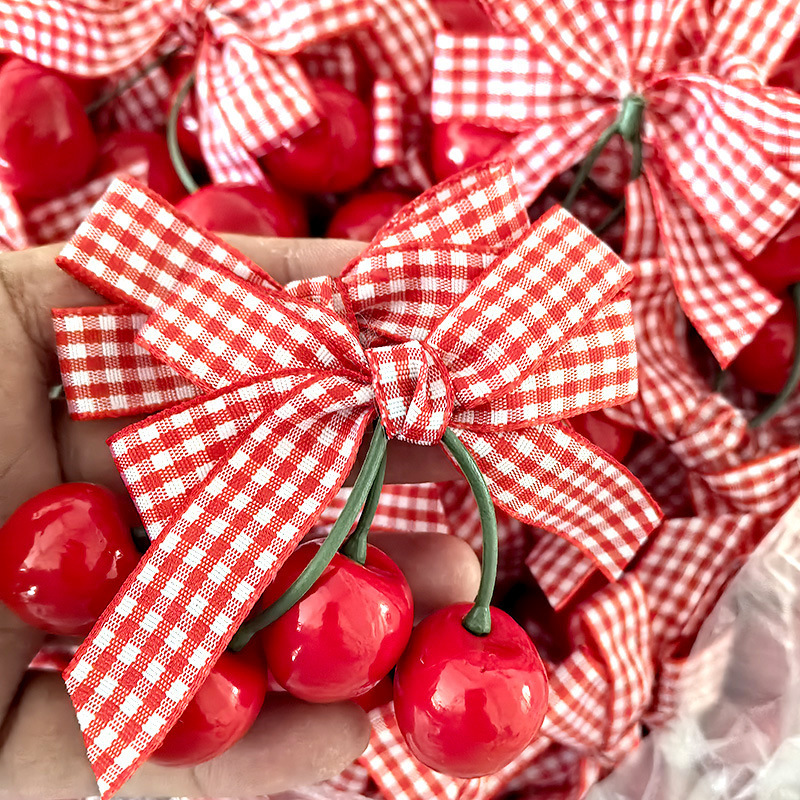 New Red Plaid Cherry Fruit Hairpin Bag DIY Clothing Accessories Hair Band Handmade Bow Accessories