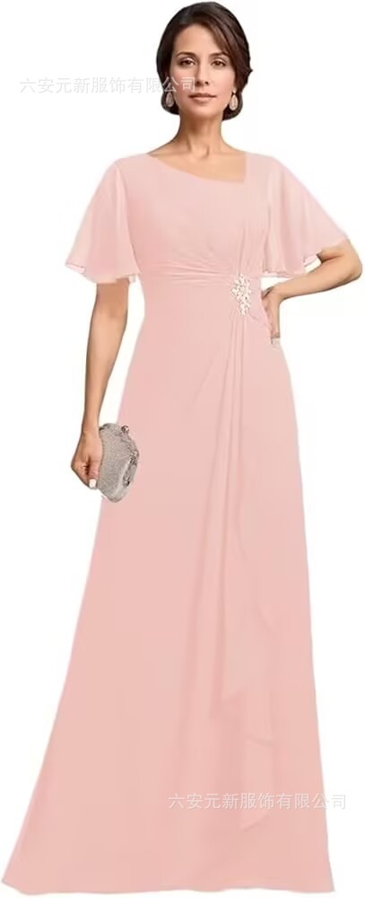 Vestido de novia de gasa de Amazon vestido de madre mariposa de manga corta plisada larga aplicación vestido de invitado de boda