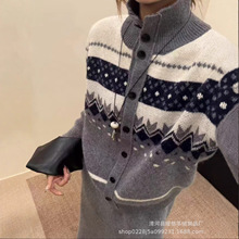 2025新款费尔岛星空翻领开衫秋冬复古提花毛衣加厚外套女打底衫