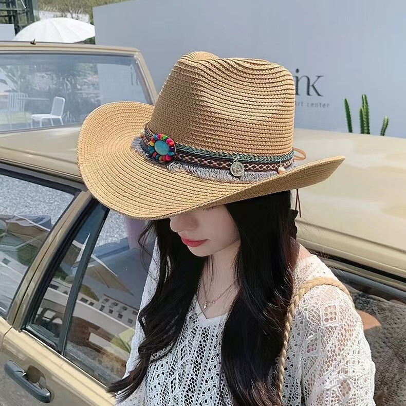 Fashion Knight Outdoor Style Western Big Men's Sunshade Cowboy Mountaineering Tide Straw Hat Women's Hat Brim European and American Sunshade Hat