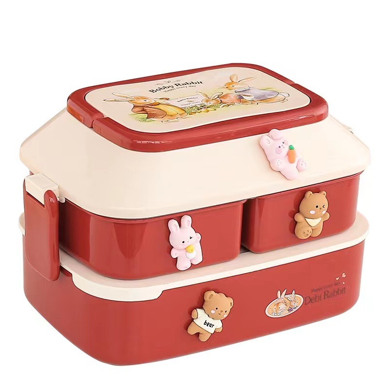 Lonchera japonesa estilo bento para estudiantes, juego de vajilla, lonchera de plástico de doble capa, lonchera apta para microondas, lonchera para estudiantes