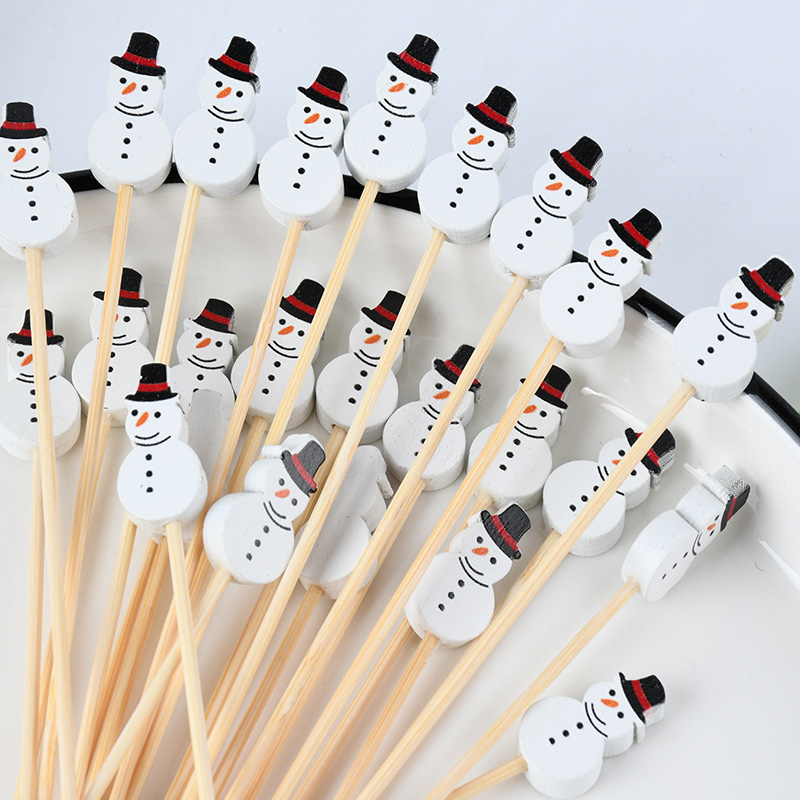 Navidad creativa bambú tiquetas de nieve horquilla de fruta decoración horquilla de fruta bandeja de bambú desechable suministro de tiquetas de vino de moda