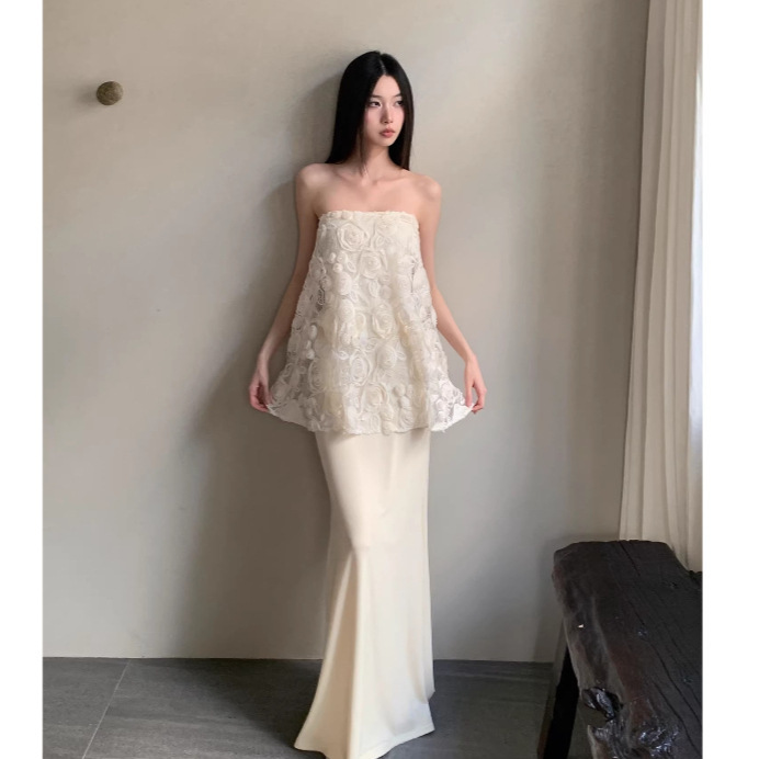 Three-Dimensional Rose Embroidery Sequin A-Line Strapless Mermaid Dress with Tulle, High-End Birthday Dress Set