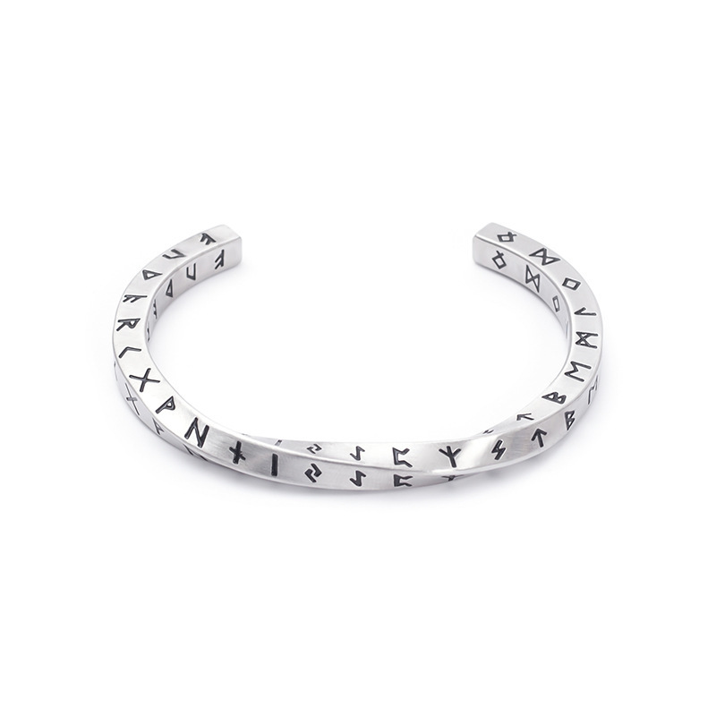 Cross-border supply fashion creative titanium steel twisted lettering four-sided Viking text bracelet open bracelet spot wholesale