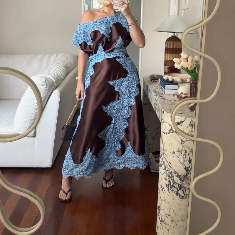 2026 Summer New European and American Style Lace Patchwork Satin Dress for Women, Off-Shoulder Mid-Length Fashionable Elegant Dress
