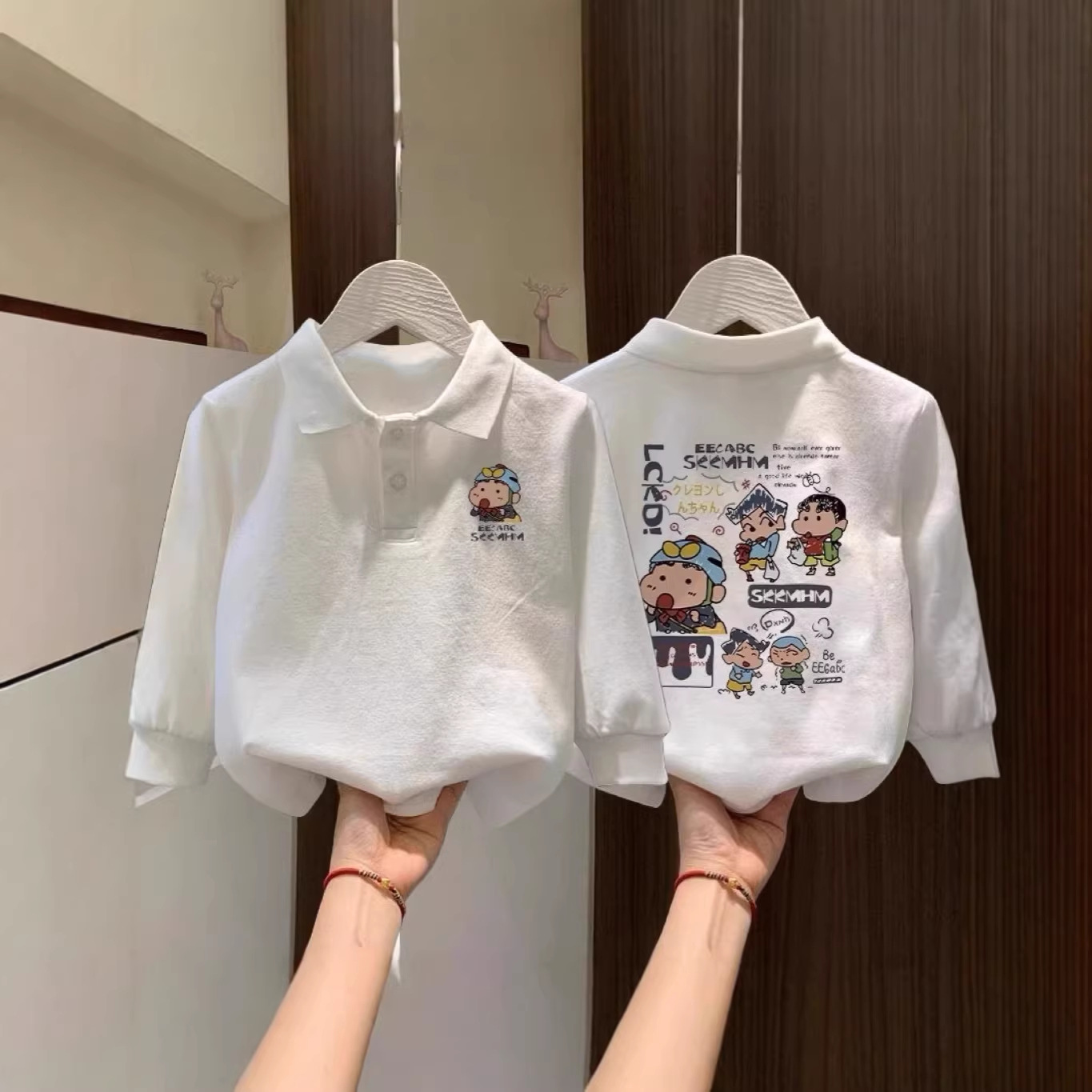 Children's pure cotton polo shirt, long-sleeved base layer, for older children, autumn and winter, cartoon fashion children's clothing, collared top.