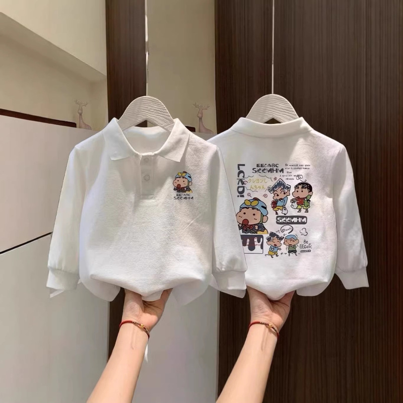 Children's Pure Cotton Polo Shirt Long-Sleeve Base Layer Top for Older Kids, Autumn and Winter Cartoon Fashion Children's Clothing with a Turn-Down Collar Children's Pure Cotton Polo Shirt Long-Sleeve Base Layer Top for Older Kids, Autumn and Winter Cartoon Fashion Children's Clothing with a Turn-Down Collar