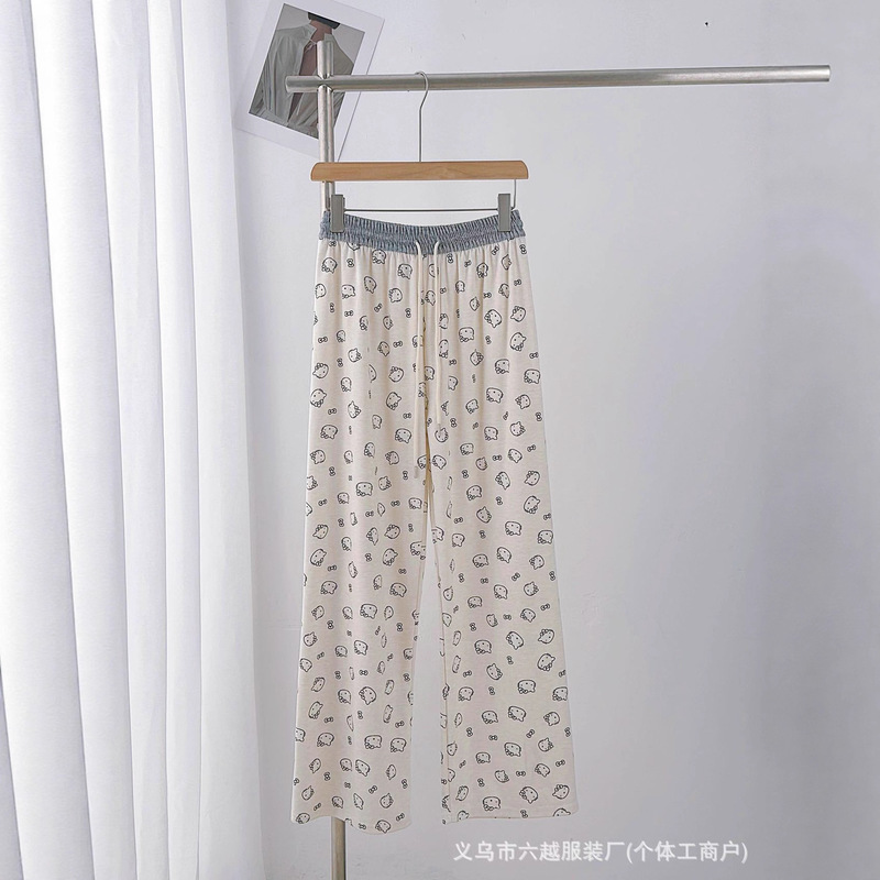 撞色腰kt猫咪印花直筒裤女2025秋款阔腿休闲裤宽松糯米遛弯家居裤|undefined