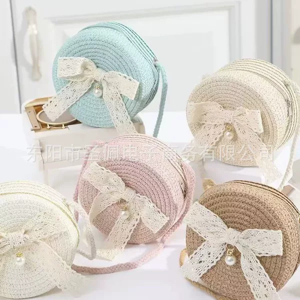 Cross-Border New Product: Straw Woven Small Round Bag, Travel Coin Purse, Key Bag, Crossbody Travel Sunflower Girl's Bag, Mixed Styles