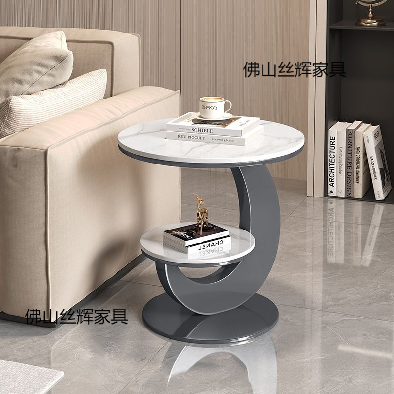 Italian Modern Sofa Side Table Coffee Table Slate Double-Layer Corner Table Simple Modern Living Room Furniture White Iron Surface Iron H